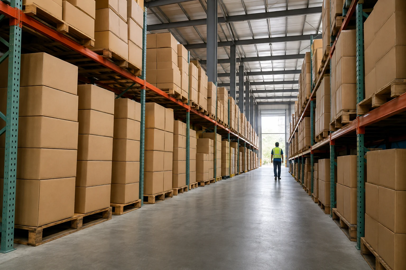 A worker walking through a warehouse aisle between racks of unmarked cartons