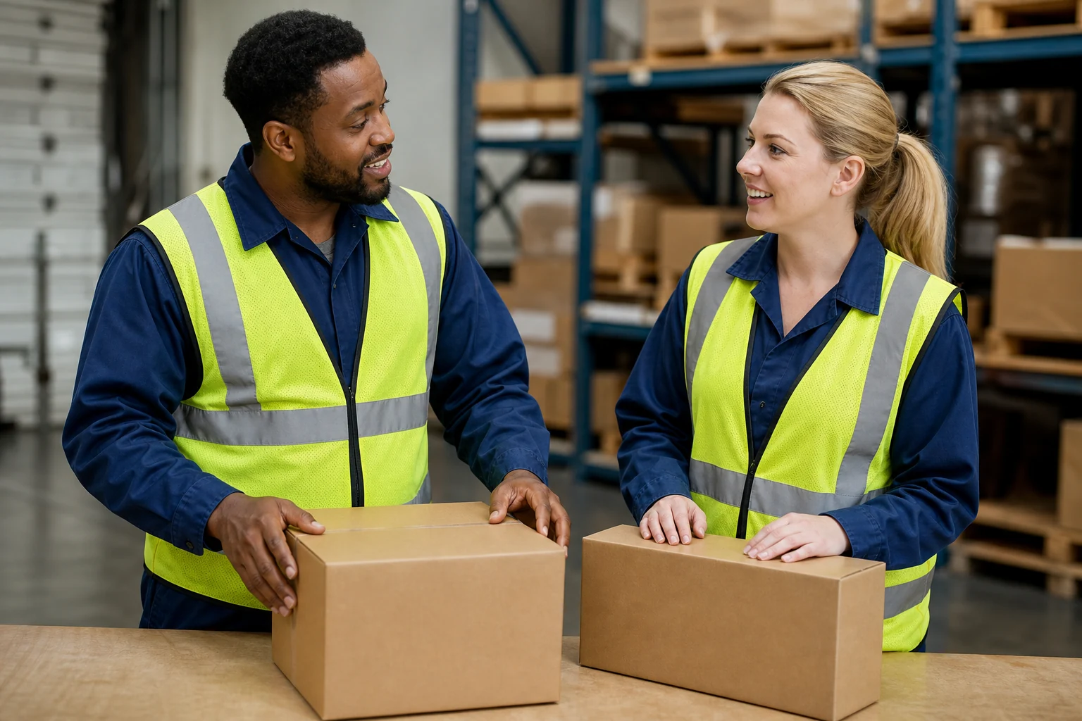 Warehouse colleagues discussing cartons and the work at a packing table